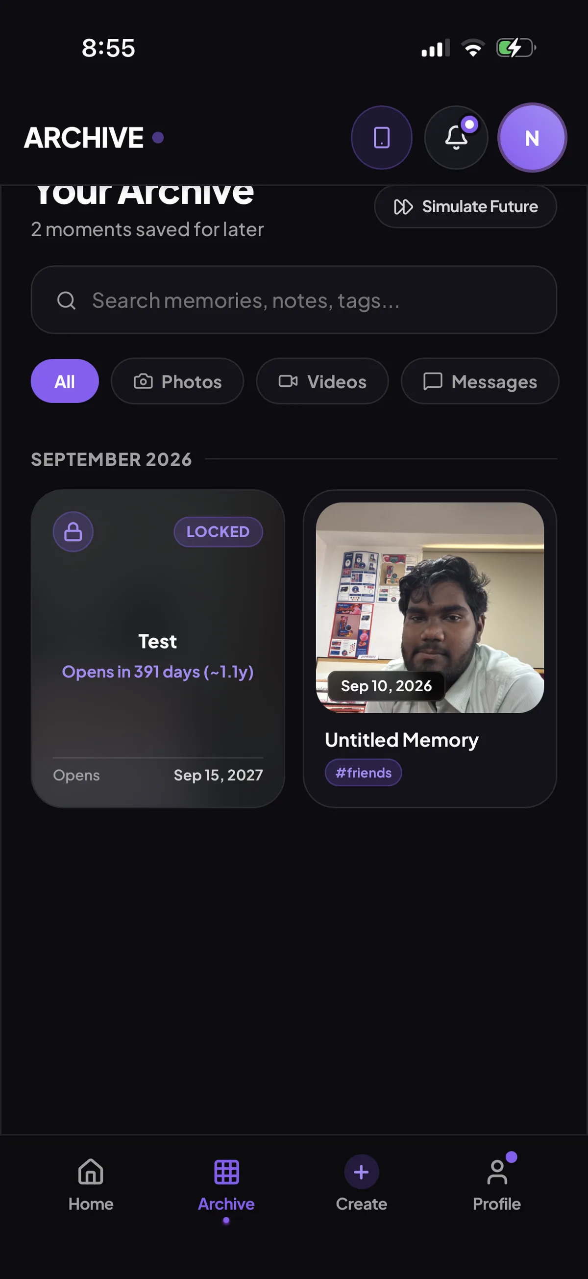 Your archive: locked memories count down, unlocked ones are ready