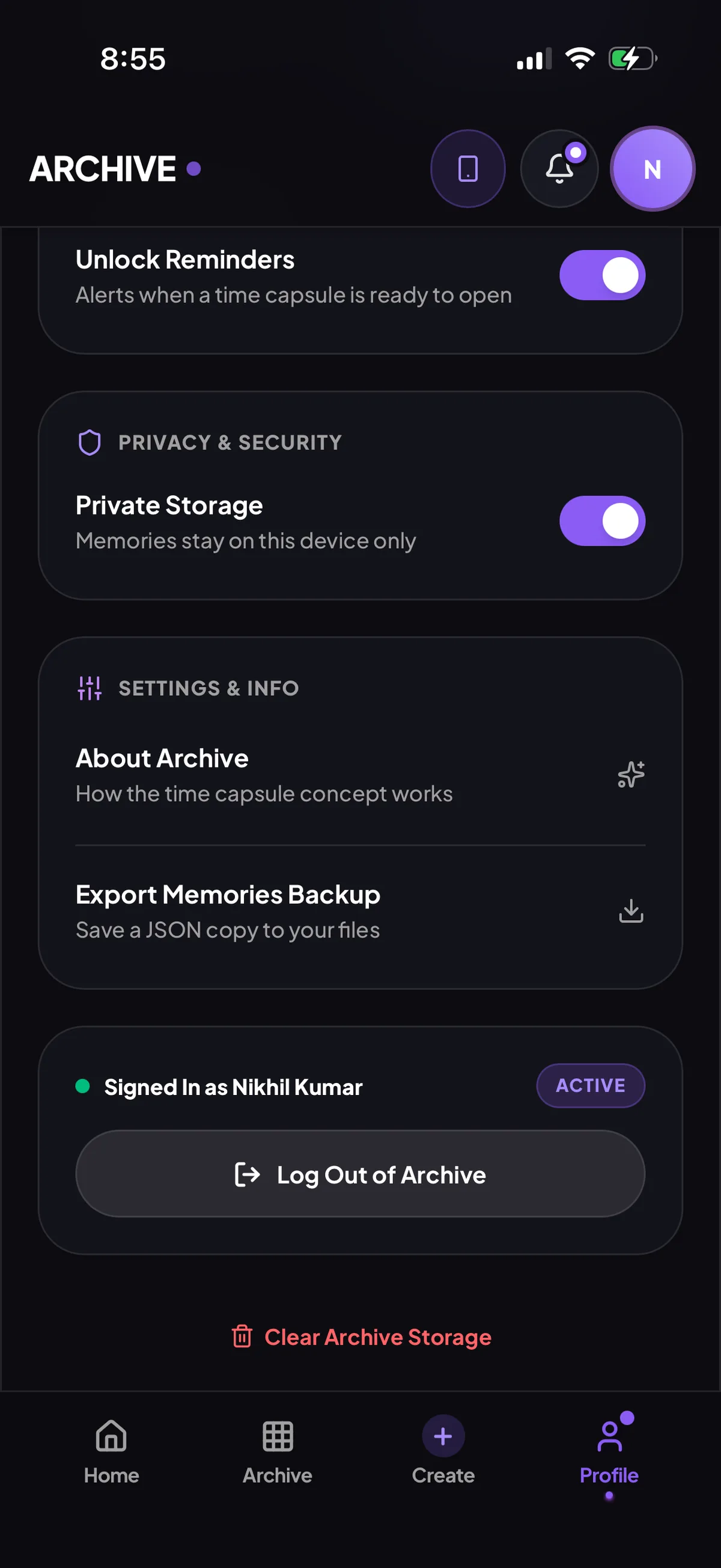 Settings: unlock reminders, private storage and a backup export