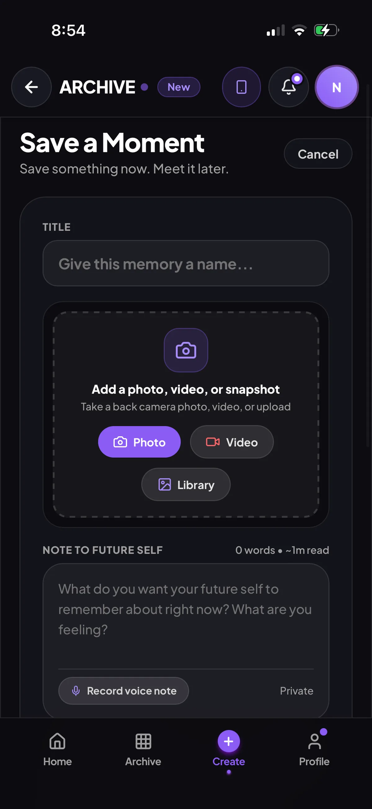 Give it a title and add a photo, video or note