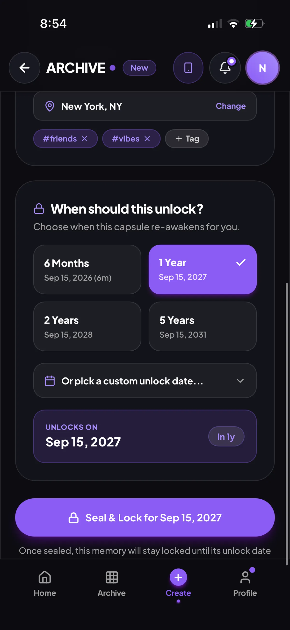 Choose when it unlocks: 6 months, 1, 2 or 5 years, or a custom date